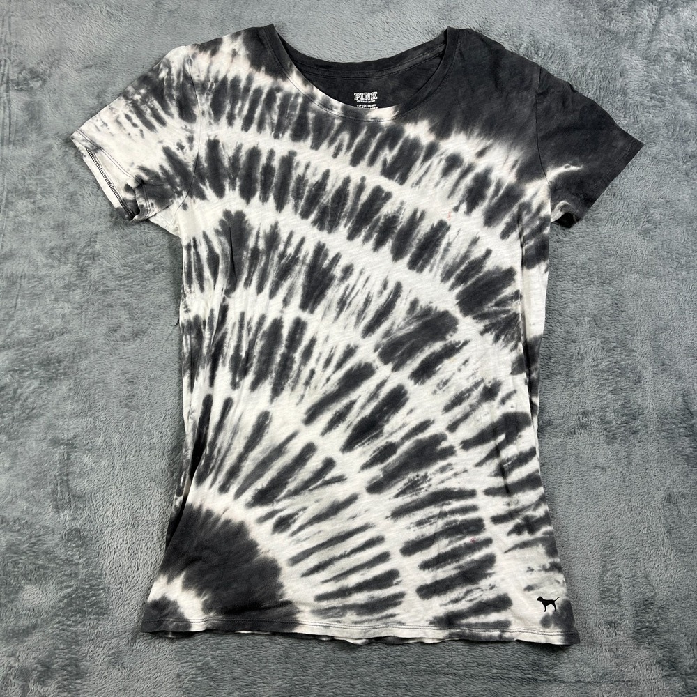Pink Victoria's Secret T Shirt Womens Small Black White Tie Dye Short Sleeve